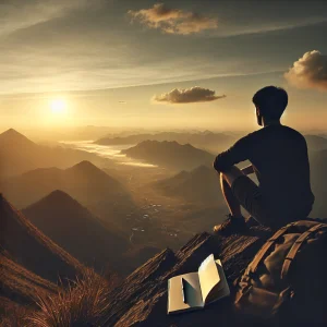 DALL·E 2024 11 03 16.34.29 A serene scene of a person sitting alone on a mountain peak looking out over a vast landscape of valleys and distant mountains at sunrise. The sky ha