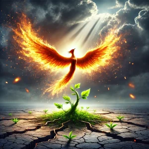 COMO SER UM/A ANTIFRAGIL 4 DALL·E 2025 03 04 16.16.41 A powerful image symbolizing antifragility A majestic phoenix rising from the ashes its wings glowing with energy representing growth through adver