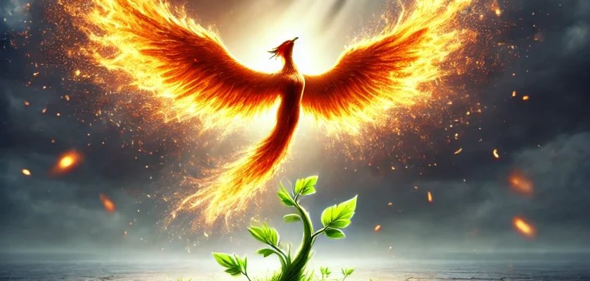 DALL·E 2025 03 04 16.16.41 A powerful image symbolizing antifragility A majestic phoenix rising from the ashes its wings glowing with energy representing growth through adver